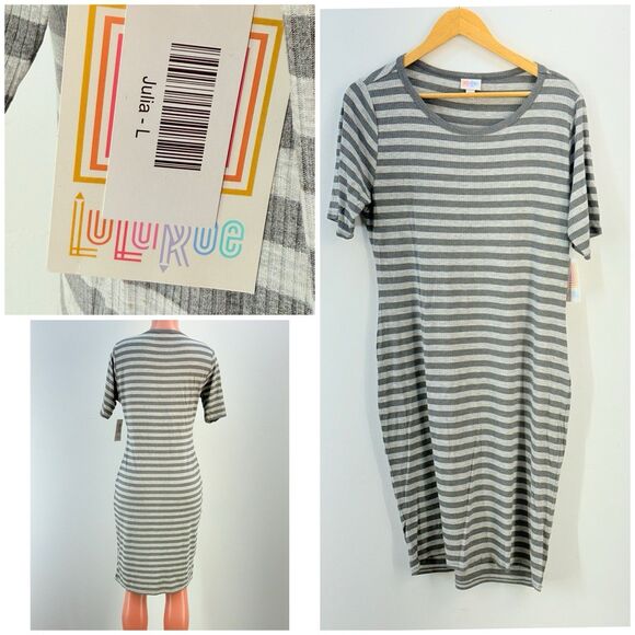 NEW LuLaRoe Julia Dress Large Color Gray Light/Dark Stretch Knee Length Comfy - Picture 3 of 17